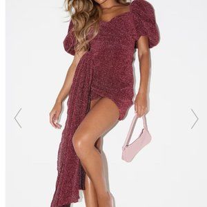 *NWT* Burgundy Glitter Plisse Puff Sleeve Draped Bodycon Dress